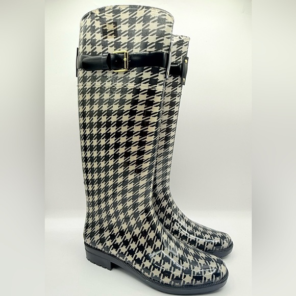 Lauren Ralph Lauren Rossalyn II Rain Boots Houndstooth Black Cream Size 7B - Picture 1 of 12
